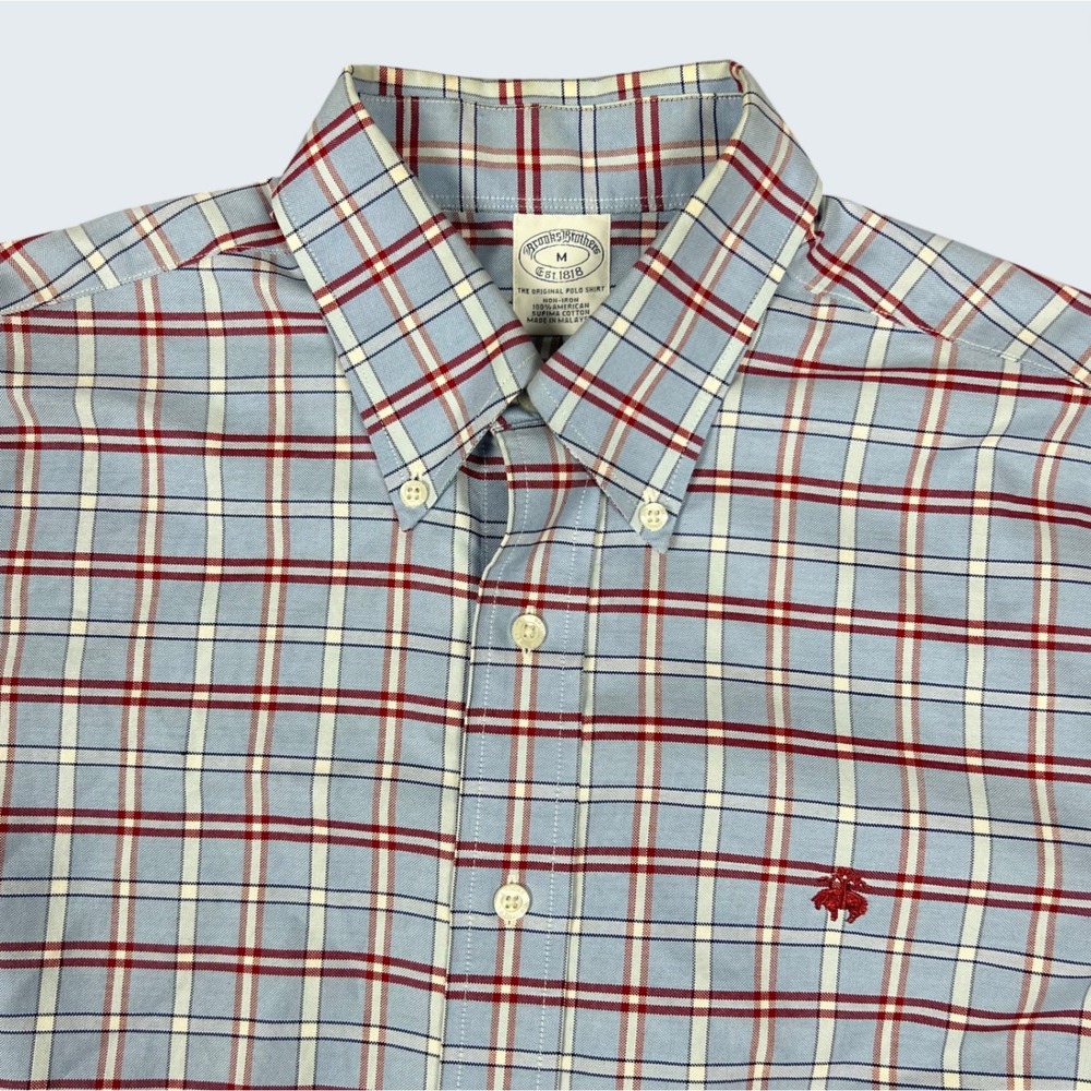 Brooks Brothers 1818 Supima Cotton Button Down Shirt Men Medium Blue Check Plaid